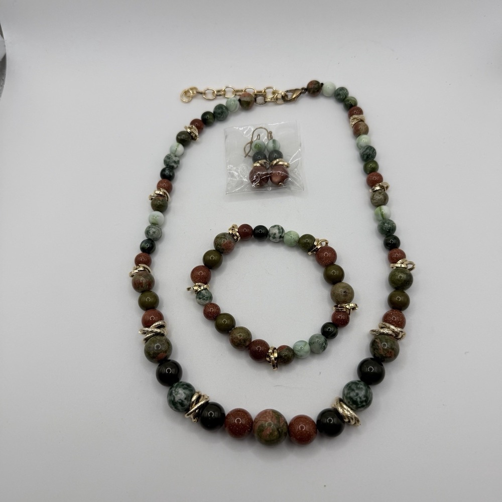 Necklace, Bracelet, Earring Jewelry Set of 3 Beads Green Brown Gold NEW Pierced